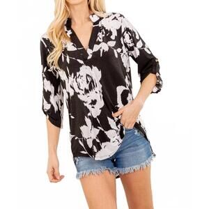NEW HEIMISH USA mandarin collar top in black/ivory